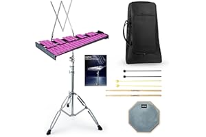 MIRIO 32 Notes Glockenspiel Xylophone Percussion Set, Glockenspiel Bell Kit With Carry Bag, Sheet Music Stand, Height Adjustable Stand, 8” Practice Pad, Drumsticks (Purple)