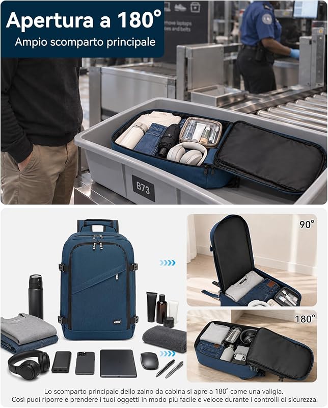 Zaino Ryanair 40x20x25, Zaino da Viaggio e Bagaglio a Mano per Aereo, Zaino Porta PC con Apertura a 180° per Wizz Air e EasyJet (40 x 20 x 25 cm, Marina Militare) — foto 7 di 7