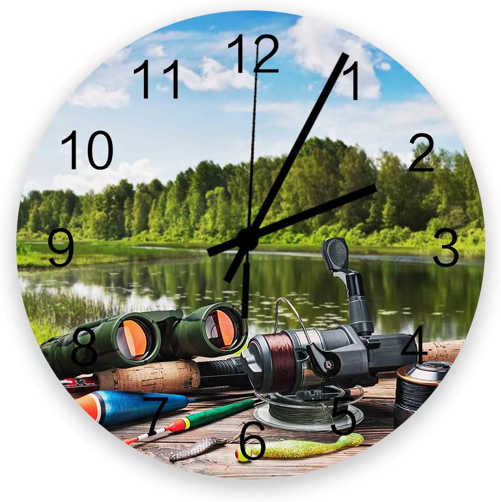 12 Inch Silent Round Wooden Wall Clock Fishing Tool Wall
