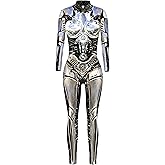 FEOYA Skeleton Jumpsuit for Women Halloween Costume Long Sleeve Skinny Catsuit 3D Print Skull Bodysuit Bone Cosplay Outfit
