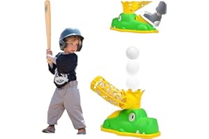 Hikoshi T Ball Set with Step on Automatic Pitching Machine, Hold 6 Baseballs & Tee Ball Bat, Cartoon Crocodile Teeball Batting Tee Set Sport Toy for Toddler, Kids, Boys & Girls, Ages 3-12 Years
