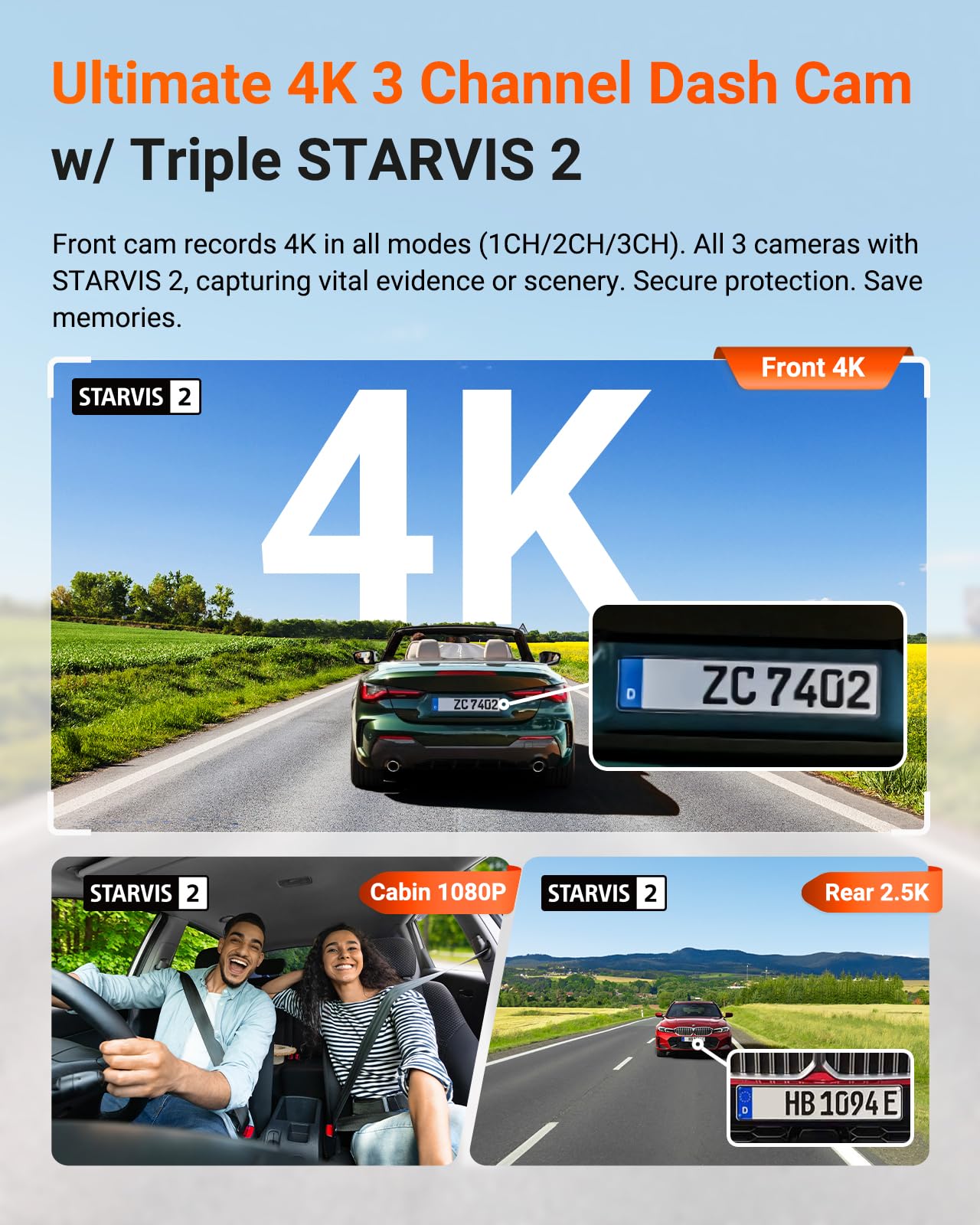 VANTRUE N4 Pro S 4K 3 Channel Dash Cam w/Triple STARVIS 2, 4K+1080P+2.5K Front Inside Rear Dash Camera, 4k+2.5K Dual Channel, HDR IR Night Vision, Voice Control, Parking Mode, GPS, Wi-Fi, Support 1TB