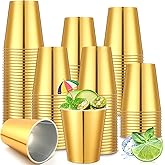 Jingmore 100 Pack 12 oz Disposable Plastic Cups Aluminum Party Tumbler Stackable Plastic Drinking Cups for Hot Cold Drinks Coffee Cocktail Beverage for Wedding Birthday Graduation Picnic(Gold)