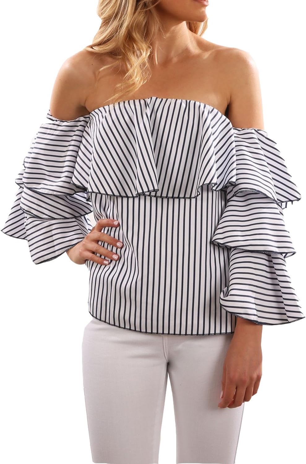 BMJL Women's Off the Shoulder Ruffle Top Striped Bell Sleeve Blouse Shirt