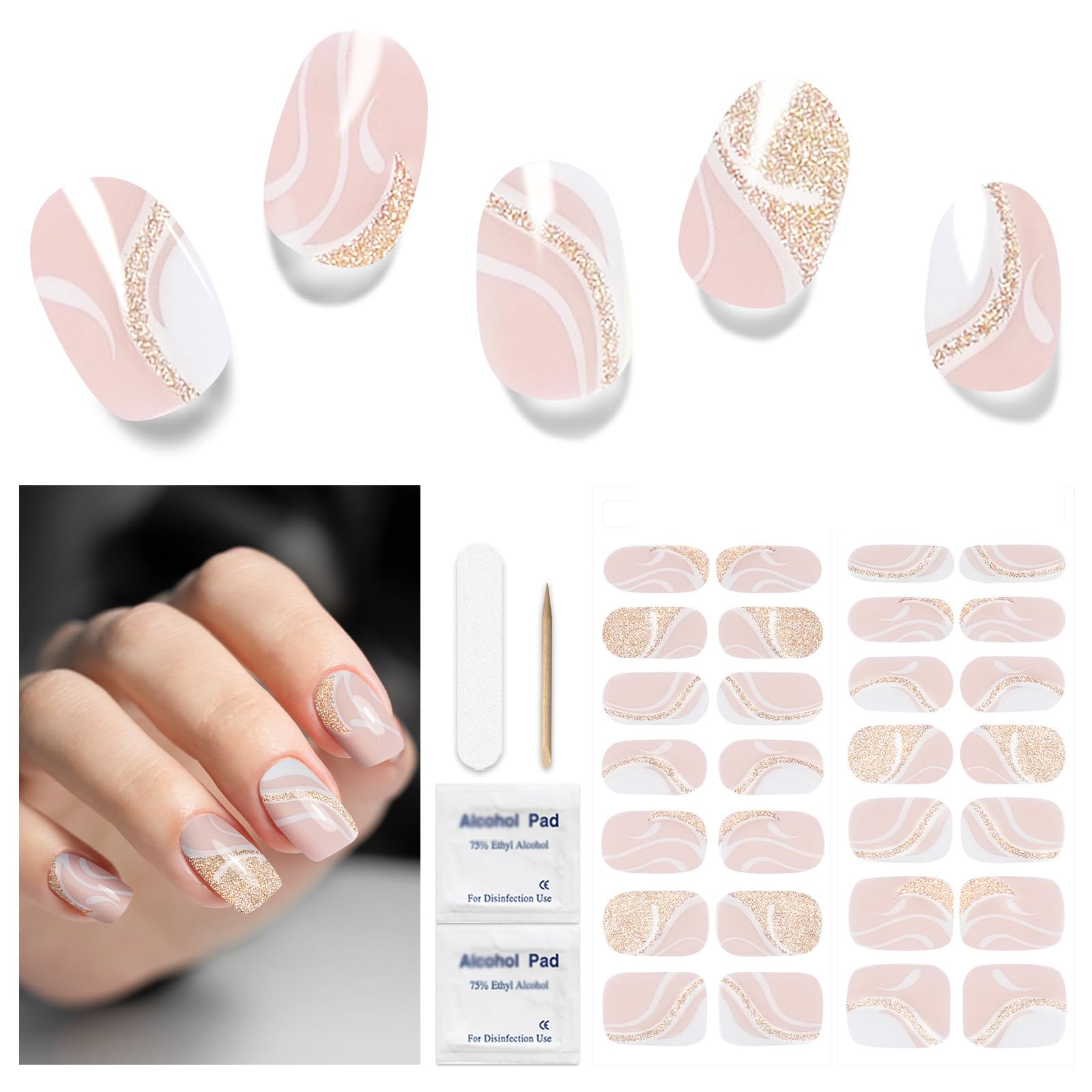 Semi Cured Gel Nail Strips - 28 Pcs French Nail Stickers Full Wraps,Stick on Nails Art Stickers, UV Lamp Compatible, Easy to Apply (Gold Pink)