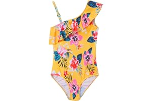 Snowheart Girls Swimsuit One Piece Bathing Suit Kids Summer Hawaiian One Shoulder Ruffle Swimwear for 3-12 Years Old