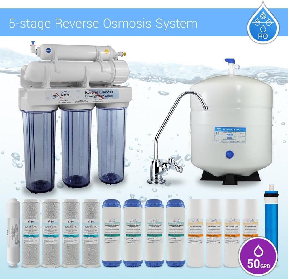 Max Water 5 Stage Home Reverse Osmosis System/Reverse Osmosis Water Filtration System/RO Water Filtration System Under Sink RO Water Purifier Faucet and Tank 50 GPD Total 15 Replacement Filters