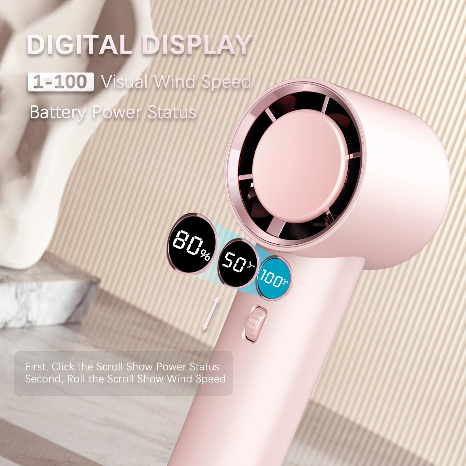 Halybau Handheld Fan,1-100 High Speed Adjustable Turbo Mini Fan,2500-5000mAh Battery Operated Rechargeable Personal Fan with Digital Display for Travel/Camping/Outdoor/Home/Office (Pink), OT-F18
