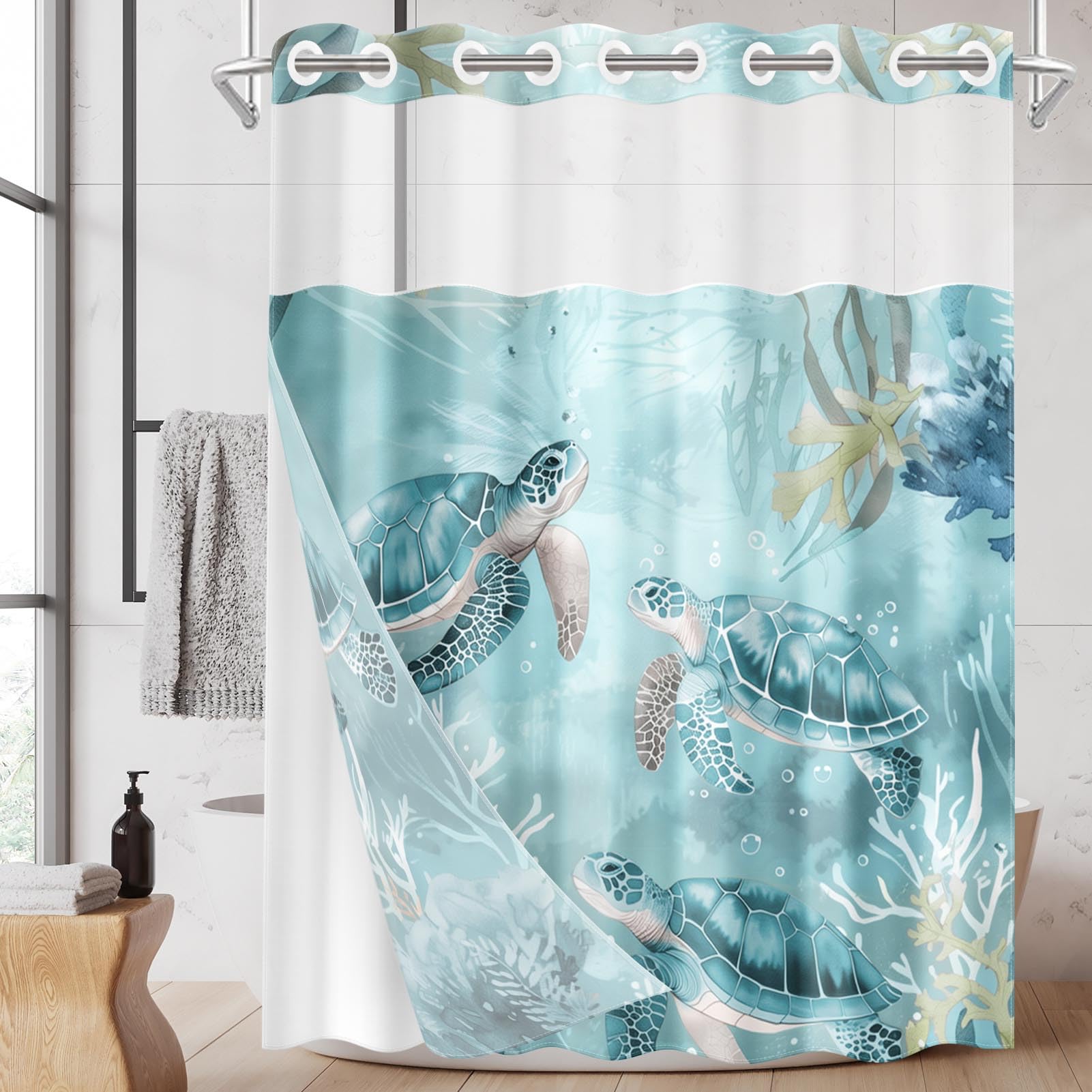 Photo 1 of Nesphy No Hook Nautical Teal Sea Turtles Shower Curtain with Snap in Fabric Liner Set, Ocean Beach Double Layers Waterproof Fabric with See Through Top Window Open Grommet Bath Curtain 71x74 Inch
