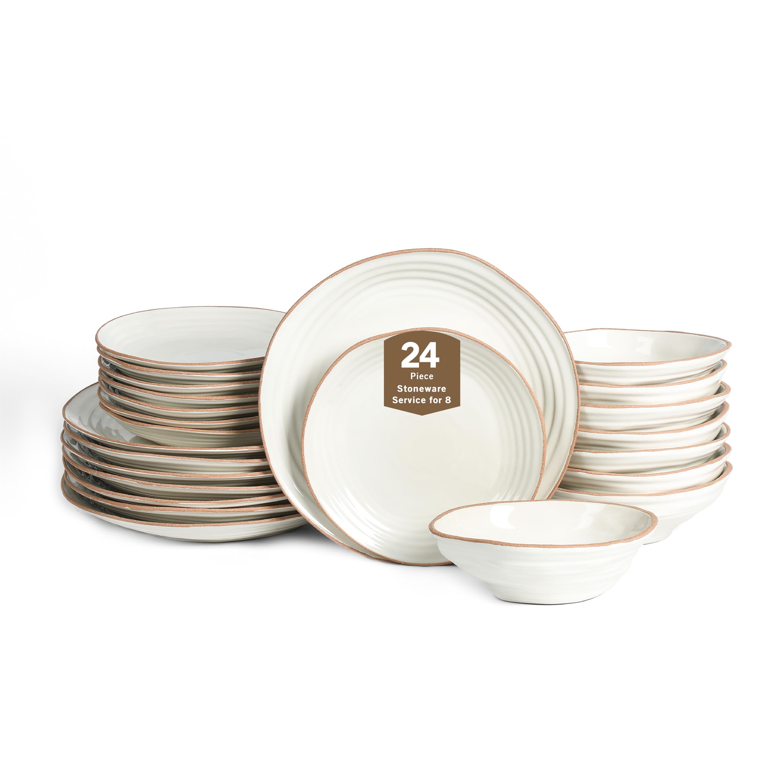 Stone Lain Nami 24-Piece Dinnerware – Stoneware, Plates and Bowls Set, Microwave and Dishwasher Safe, Dish for 8, White
