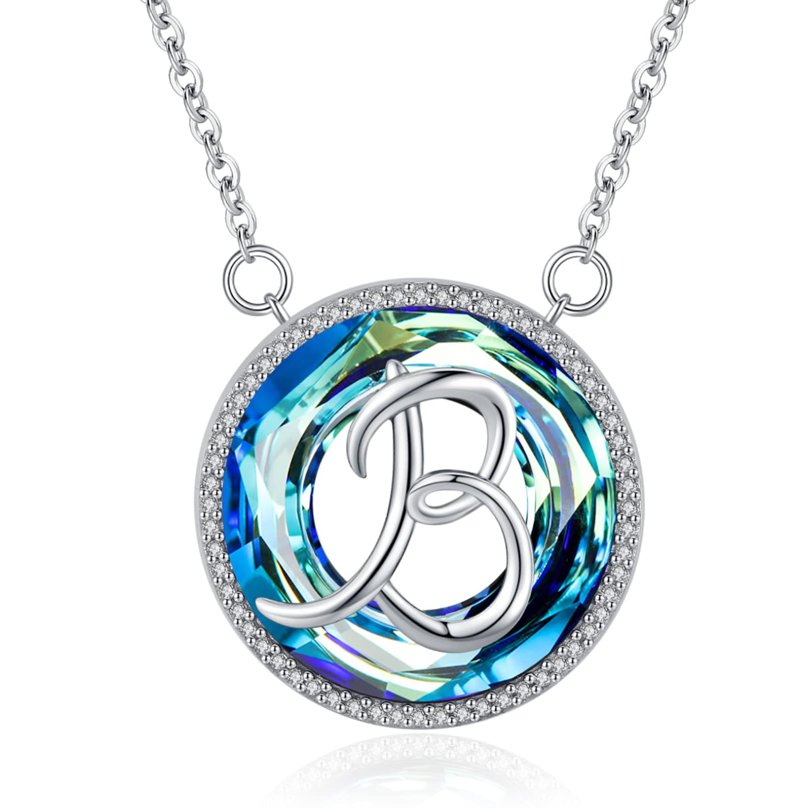 Eusense Letter B Pendant 925 Silver Blue Round Crystal Necklace Initial Necklaces for Her Alphabet Jewellery Gifts for Women