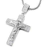 COOLSTEELANDBEYOND Mens Womens Steel Jesus Christ Crucifix Cross Pendant Necklace with Cubic Zirconia