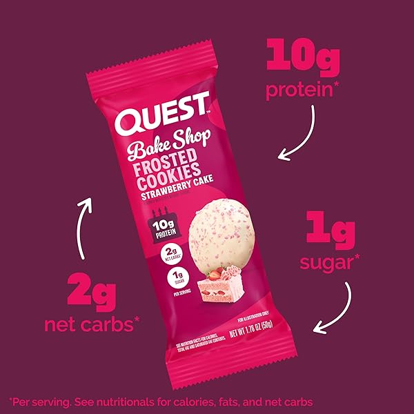 QUEST NUTRITION FROSTED COOKIES TWIN PACK, STRAWBERRY CAKE, 1G SUGAR, 10G PROTEIN, 2G NET CARBS, GLUTEN FREE, 16 COOKIES