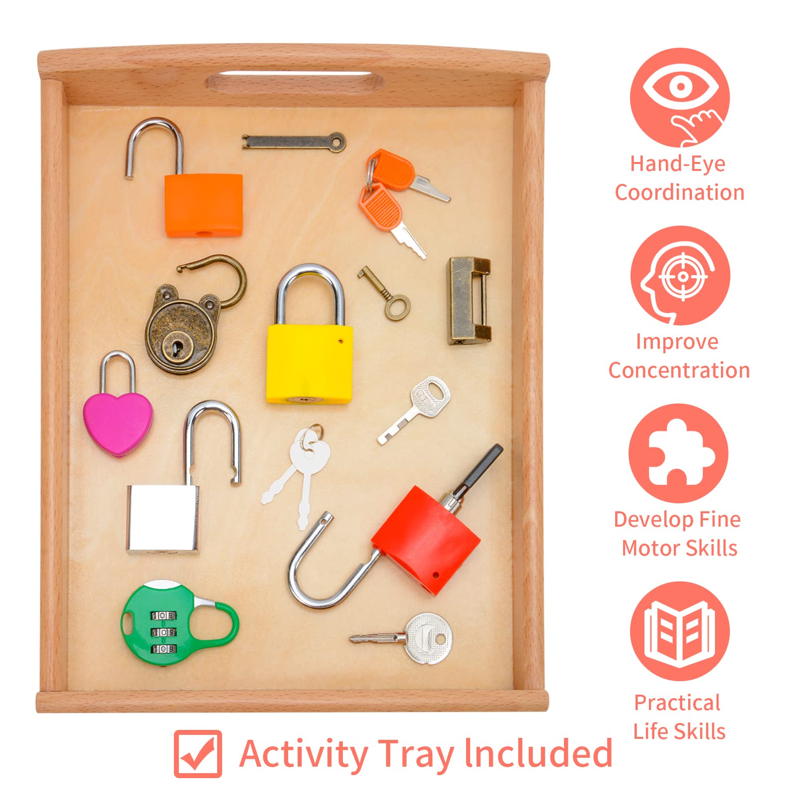 Montessori Lock and Key Set for Toddlers, Homeschool Preschool Learning Activities, Wooden Montessori Materials Learning & Education Toys for 3+ Year Old Kids