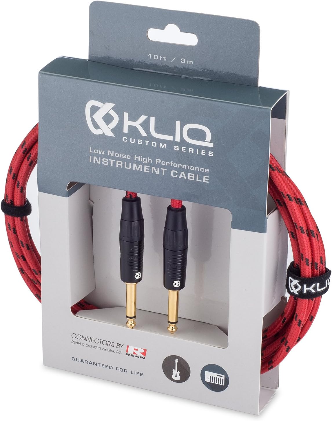 KLIQ Music Gear Guitar Instrument Cable, 10 Ft - Custom Series with Premium Rean-Neutrik 1/4" Straight Gold Plugs 10 Feet Red/Black Tweed - Image 3