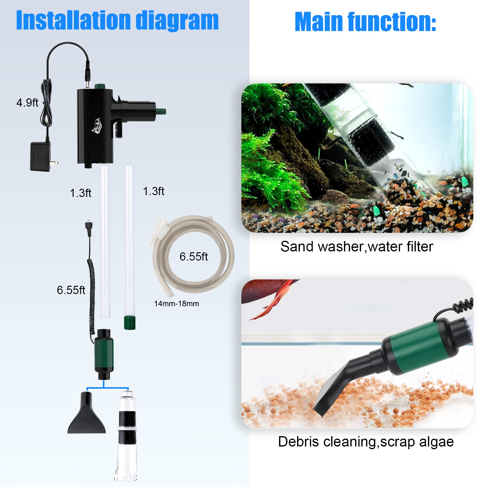 AQQA Aquarium Gravel Cleaner Kit, Electric Fish Tank Gravel Cleaner Vacuum,Portable Automatic Aquarium Water Changer Set, Adjustable 3 Grades