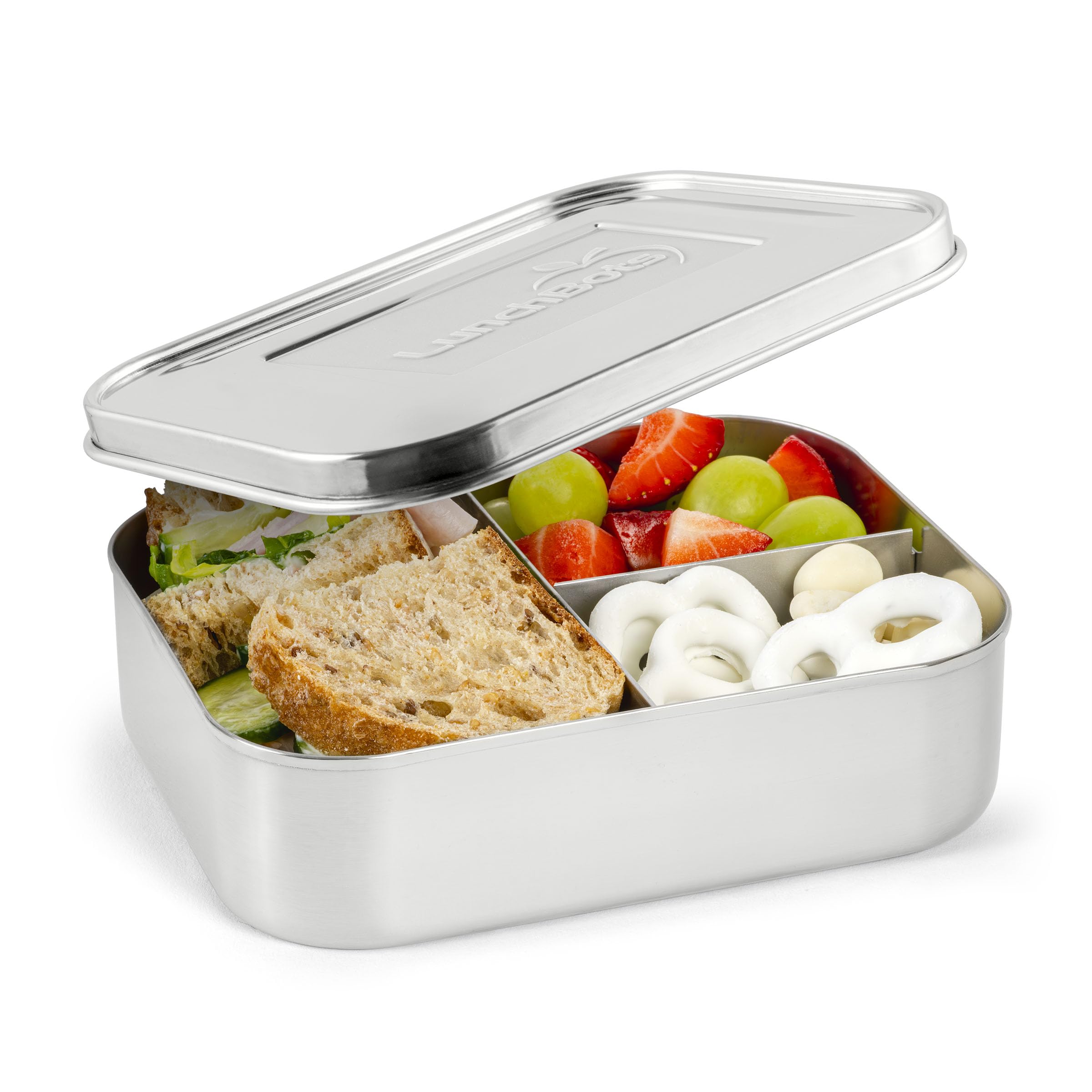 Lunchbots Trio II Stainless Steel Food Container - Three Section Design Perfect for Healthy Snacks, Sides, or Finger Foods On the Go - Eco-Friendly, Dishwasher Safe and BPA-Free - All Stainless