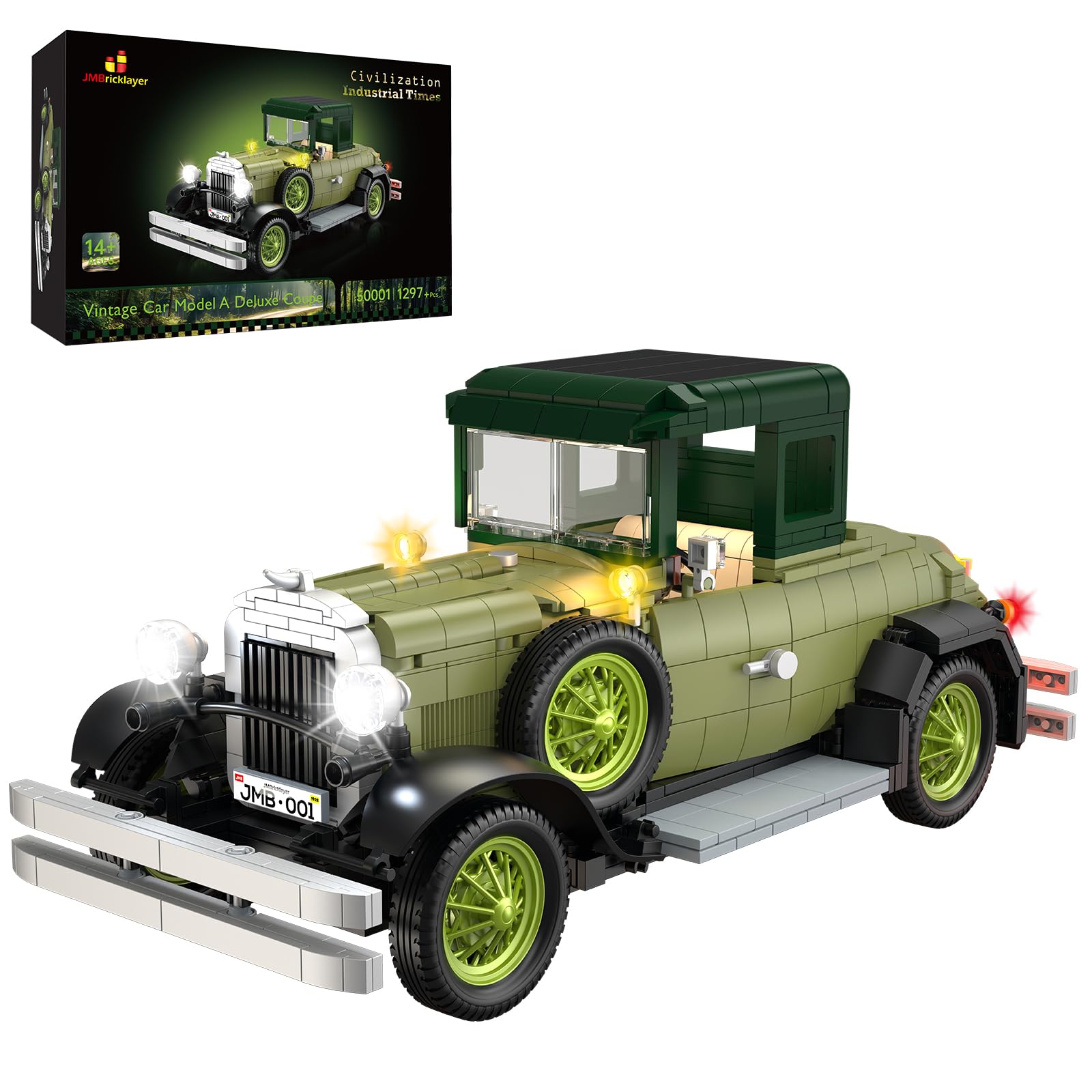 JMBricklayer Vintage Cars Building Sets with Light for Adults, 50001 Classic Retro Convertible Car Model, Antique Cars to Build Collectible Display Decor, Gifts for Men Women Boys Girls (1297PCS)