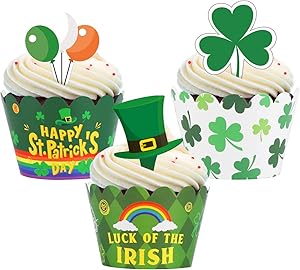 St. Patrick’s Day Cupcake Toppers Wrappers – Shamrock Irish Lucky Party Supplies Cake Decorations 60Ct