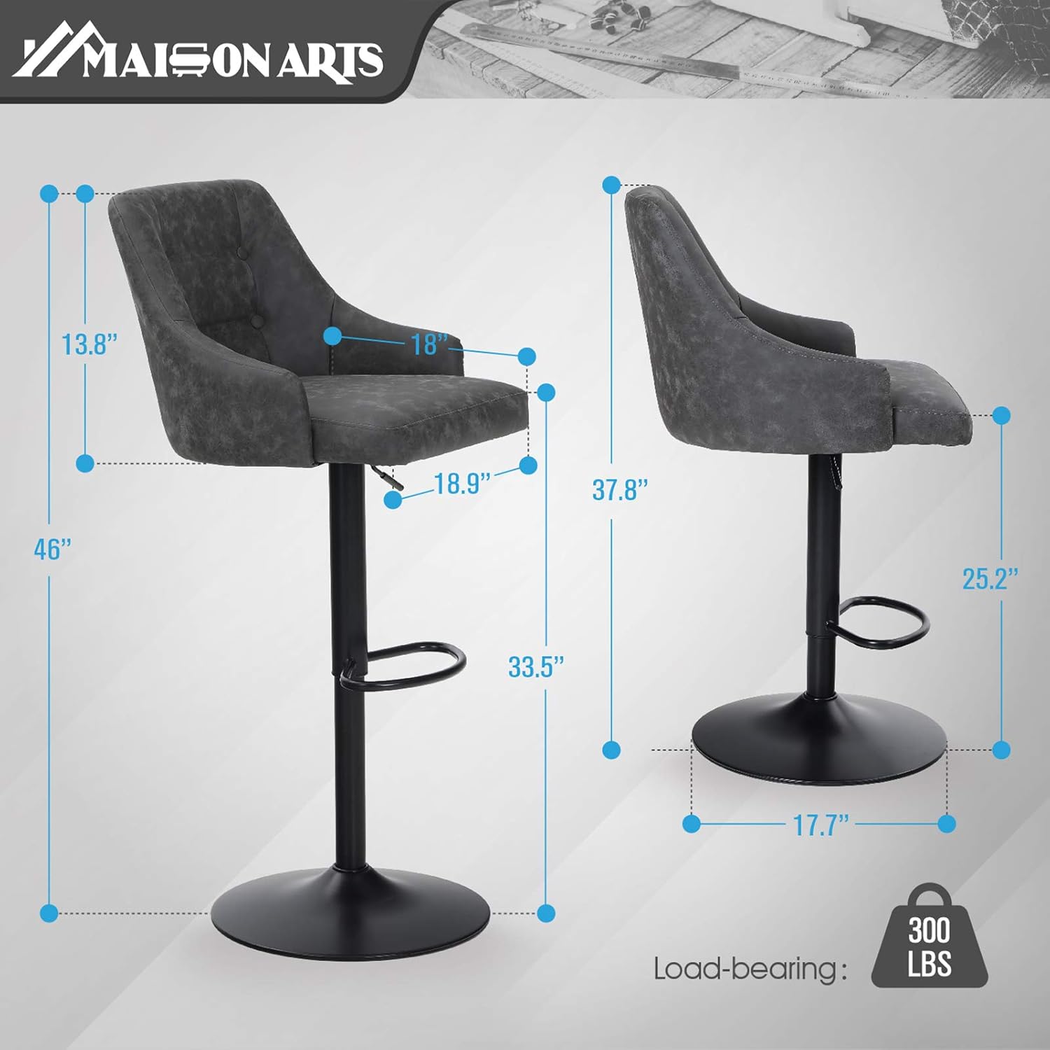 MAISON ARTS Swivel Adjustable Bar Stool with Back for Kitchen Counter Padded Counter Height Faux Leather Bar Chair with Heavy Duty Base for Pub Cafe Dining, 300LBS Weight Capacity, Grey, 1 Stool: Kitchen & Dining