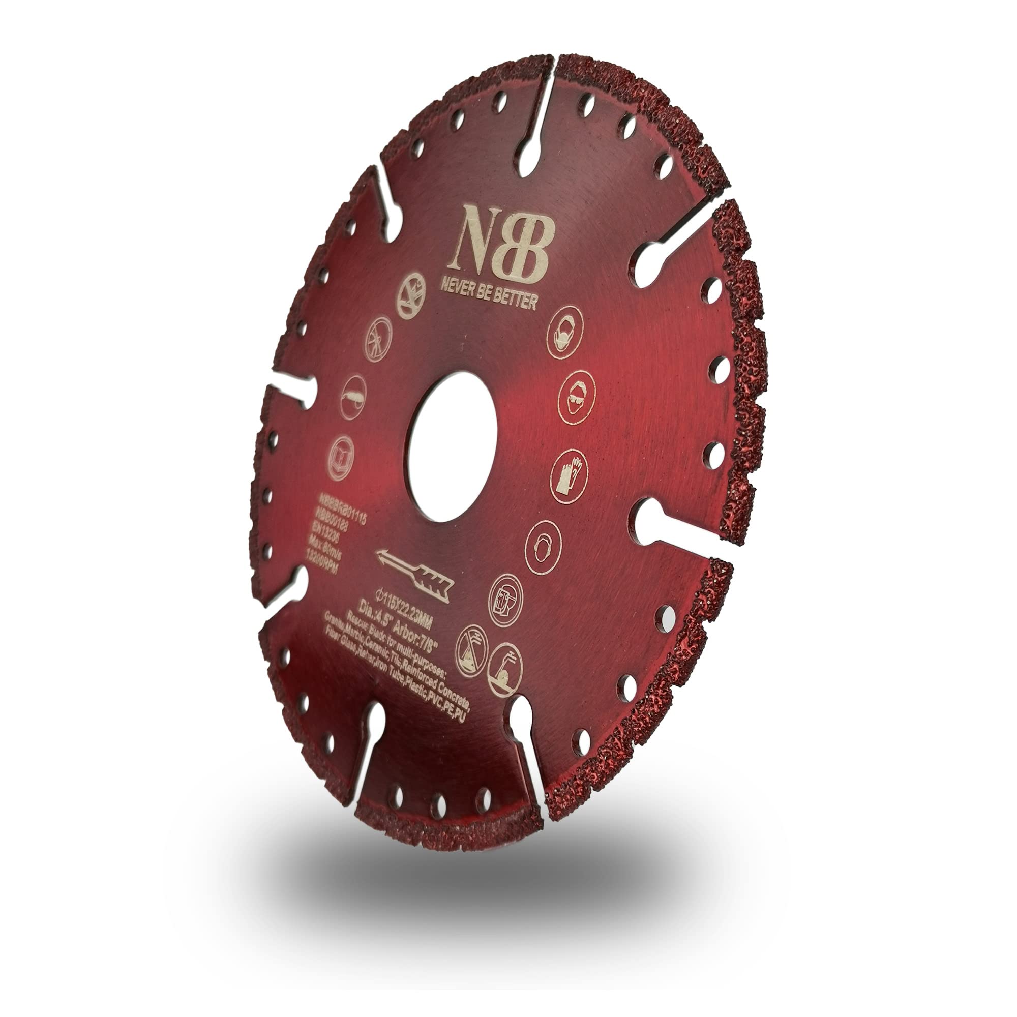 NBB Multi-purpose diamond cutting disc, high efficiency and long life, cut in granite, reinforced concrete, fiberglass, rod, plastic, 22.23 mm shaft, connection to angle grinder (Dia.115 mm)