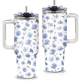 xiiai Aesthetic Blue Flower Themed Tumbler 40oz with Handle and Straws, Leak - proof, Stainless Steel Insulated Travel Coffee Mugs for Women, Gifts Birthday Cup