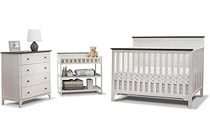 Sorelle Furniture Farmhouse 3-Piece Nursery Set with 4-in-1 Convertible Crib, 4-Drawer Dresser, and Changing Table with Shelves, Baby Furniture Made of Wood, Non-Toxic Finish-Chocolate and White