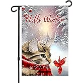 Winter Garden Flag ,Winter Cat Garden Flag 12x18 Vertical Double Sided Cardinal Bird Snow Christmas Holiday Outside Decorations Burlap Yard Flag BW230