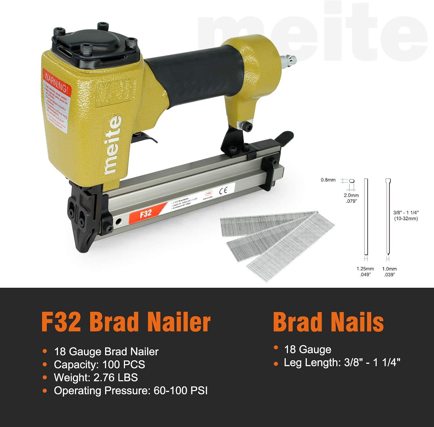 F32 Air Brad Nail Gun, 18G 10-32MM Brad Nails, Pneumatic Finish Nailer for Woodworking Home Improvement, Yellow - Image 5