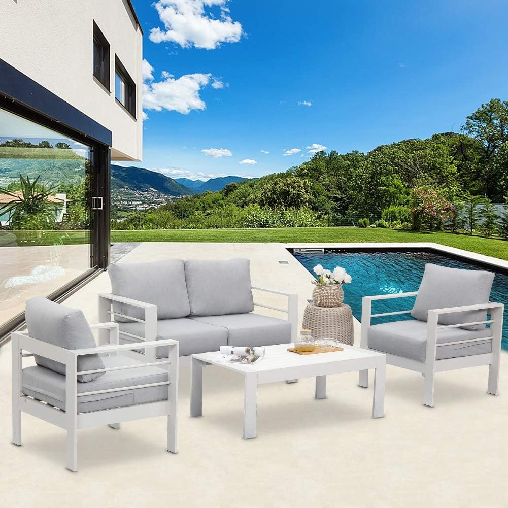 Amazon Com Solaste Outdoor Aluminum Furniture Set 4 Pieces Patio Sectional Chat Sofa Conversation Set With Table White Kitchen Dining