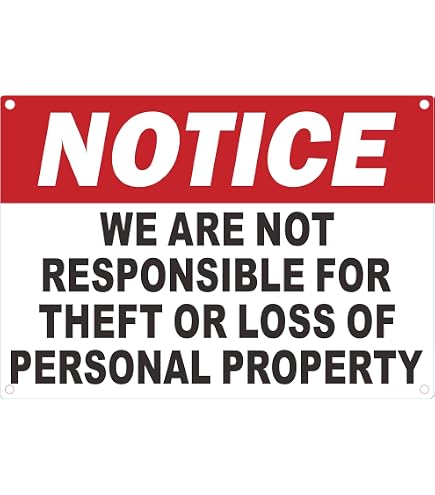 Not Responsible for Accidents or Injuries Sign, 8x12 Aluminum