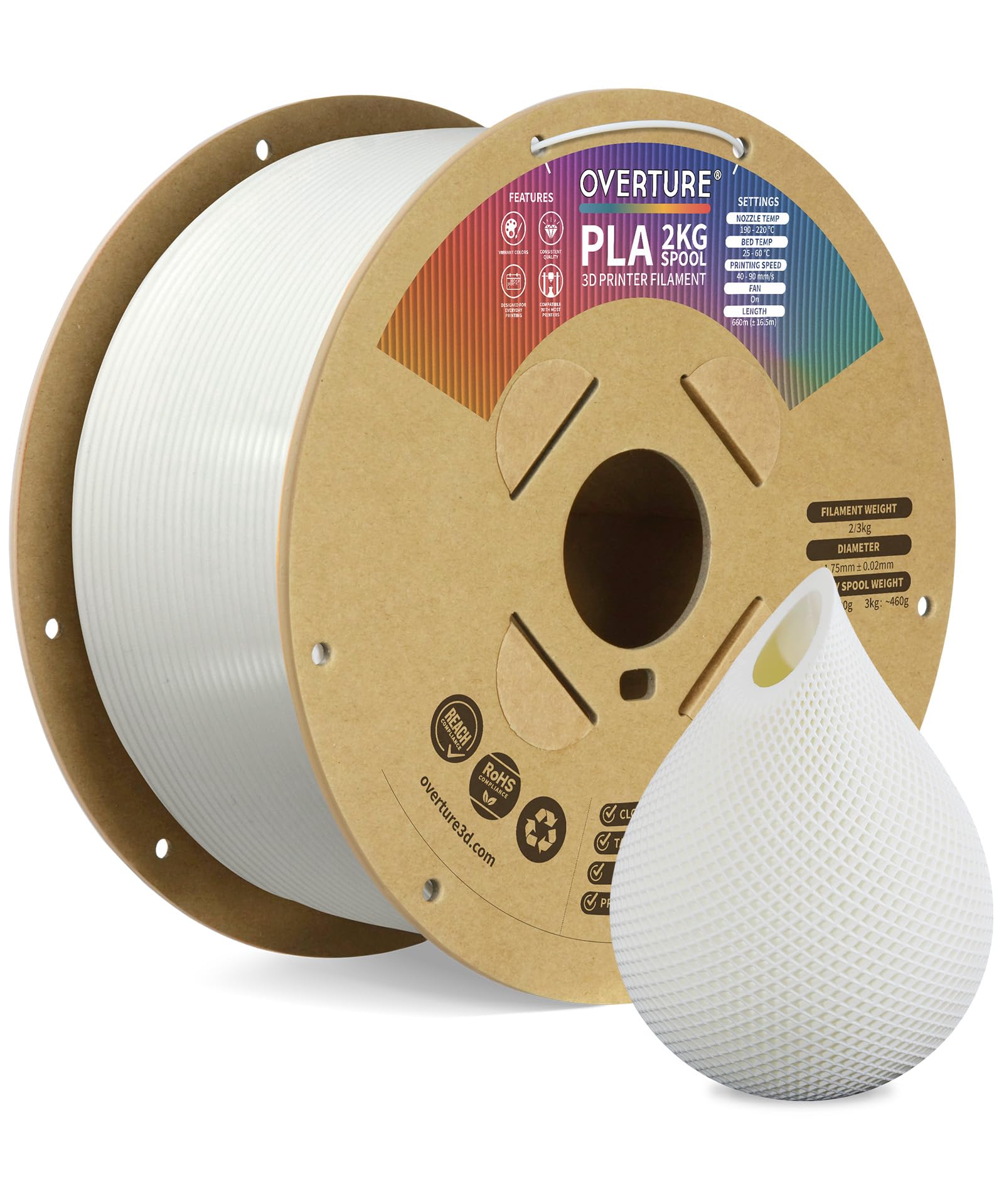 OVERTURE PLA Filament 1.75mm, Neatly Wound 3D
