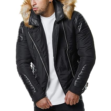 Burocs Herren Winter-Jacke Kunstleder Gesteppt Zipper Fell-Kapuze BR1620