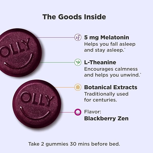 OLLY EXTRA STRENGTH SLEEP GUMMY, OCCASIONAL SLEEP SUPPORT SUPPLEMENT*, 5 MG MELATONIN, L-THEANINE, BLACKBERRY ZEN FLAVOR, 60 DAY SUPPLY – 120 COUNT (PACKAGING MAY VARY)