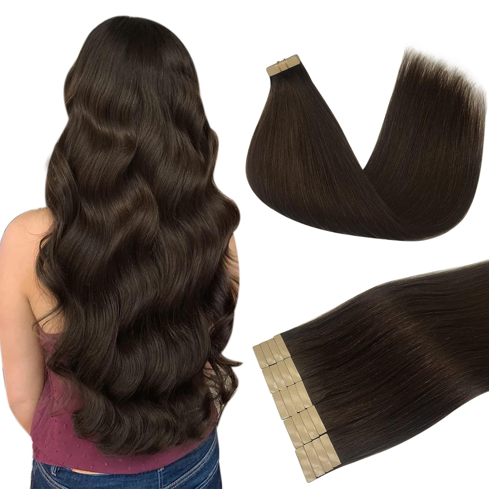 DOORES Human Hair Extensions, Light Dark Brown 20 Inch 50g 20pcs, Tape in Hair Extensions Remy Straight for Women Double Side — image 1