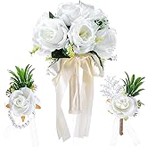 Juinte Wedding Bouquets for Bride Bridesmaid with Corsage and Boutonniere Set, 9.45 Inch White Artificial Roses Flowers Bridal Bouquet with Pearl Accents for Wedding Church Decoration Ceremony