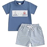 Licupiee Toddler Boys Shark Outfits Sea Animal Embroidery Short Sleeve Shirt and Striped Shorts Sets 2Pcs Summer Clothes Set
