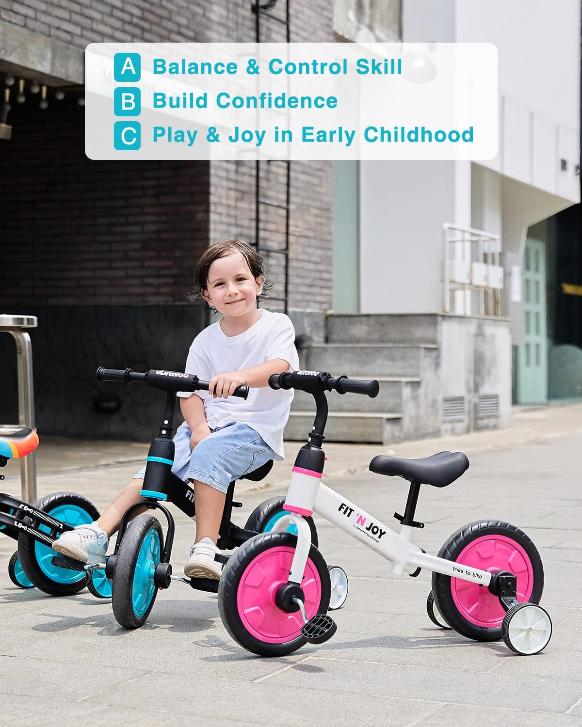 Fit 'n Joy Beginner Toddler Training Bicycle, 4-in-1 Kids Balance Bike with Pedals & Training Wheels Options, Trike to Bike Riding Toys for Boys Girls 2-5