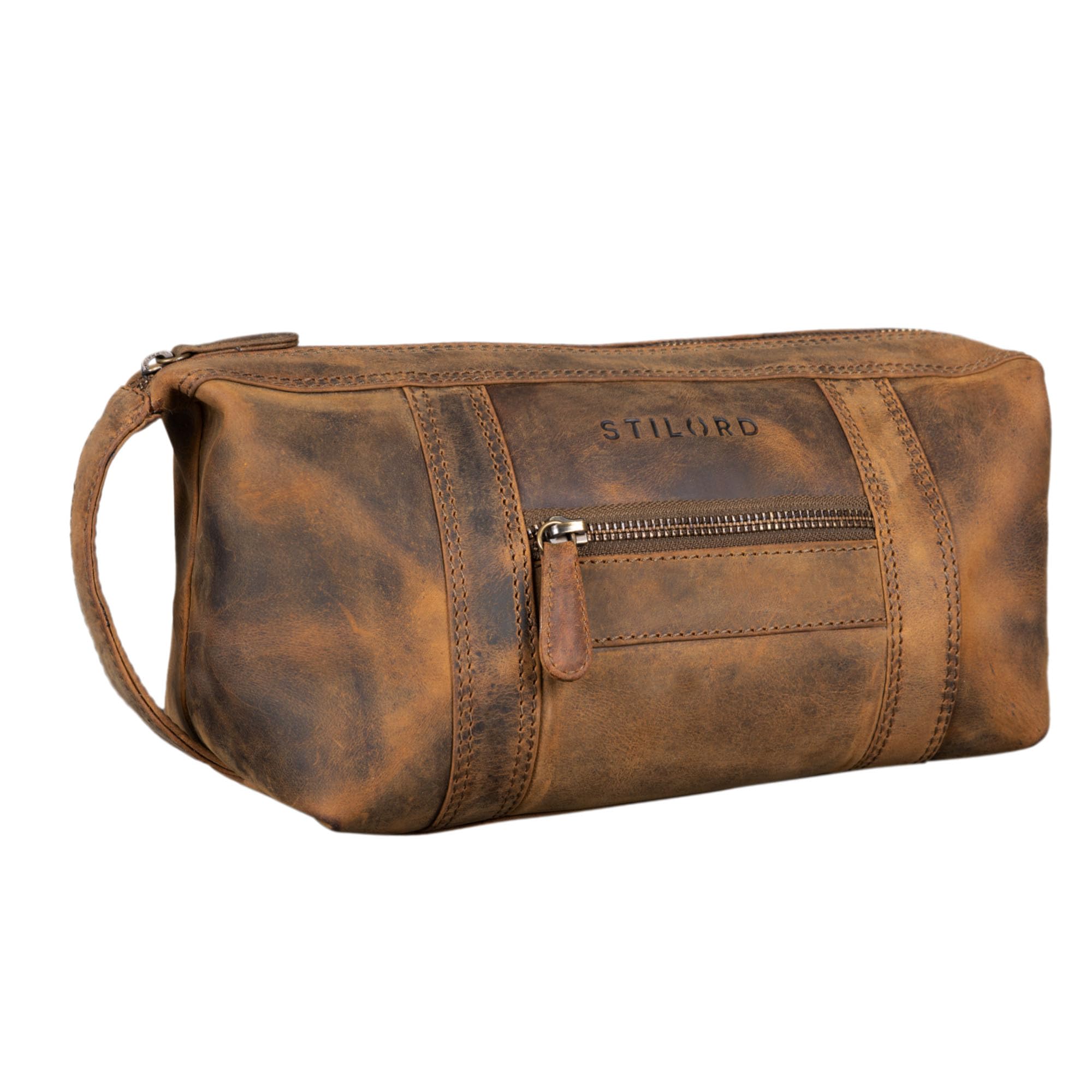 STILORD "Bruno" Men's Wash Bag Vintage Leather Travel Toilet Bag Toilet Kit with Wrist Strap 2 Compartments Overnight Wash Gym Bag Colour:Middle Brown