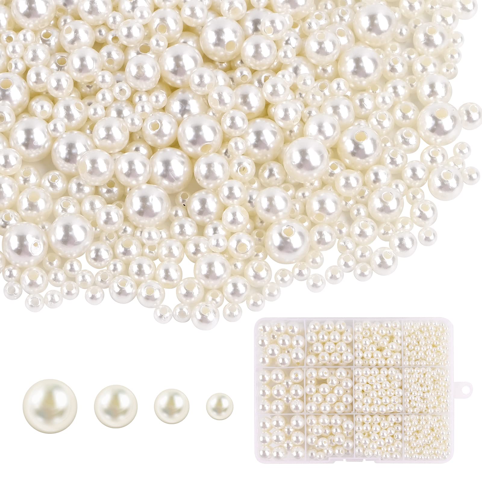 1480Pcs White Pearl Beads for Crafting, 4 6 8 10mm Round Pearls Various Size Mixed Acrylic White Beads for Bracelet Jewellery Earring Necklace Making DIY