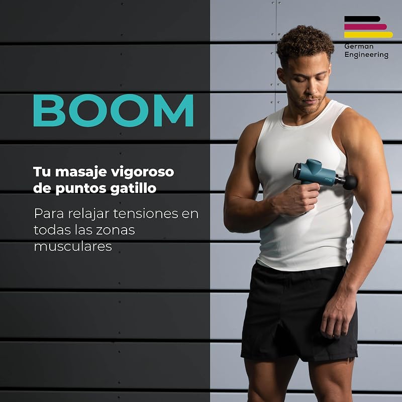 Antelope BOOM Arma de Massagem Muscular, Pistola de Massagem Compacta com 4 acessórios, para relaxamento e regeneração, massagem poderosa nos pontos gatilho, 5 níveis de intensidade e bateria