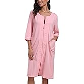 CF Women's 100% Cotton Zipper Robes 3/4 Sleeve Loungewear Knee Length Housecoat Lightweight Zip Up Nightgowns with Pockets
