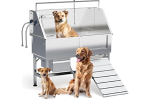 LNEUIE Dog Washing Station for Home Large Dogs,46" Stainless Steel Professional Dog Bathing Station Height Adjustable Dog Washing Station Dog Grooming Tub Ramp, Drawer, Floor Grate Fauct