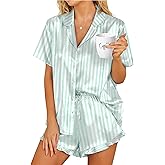 HOTOUCH Womens Satin Pajamas Set Button Down 2 Piece Silk Pjs Shorts Set Ruffle Lingerie Notch Collar Sleepwear