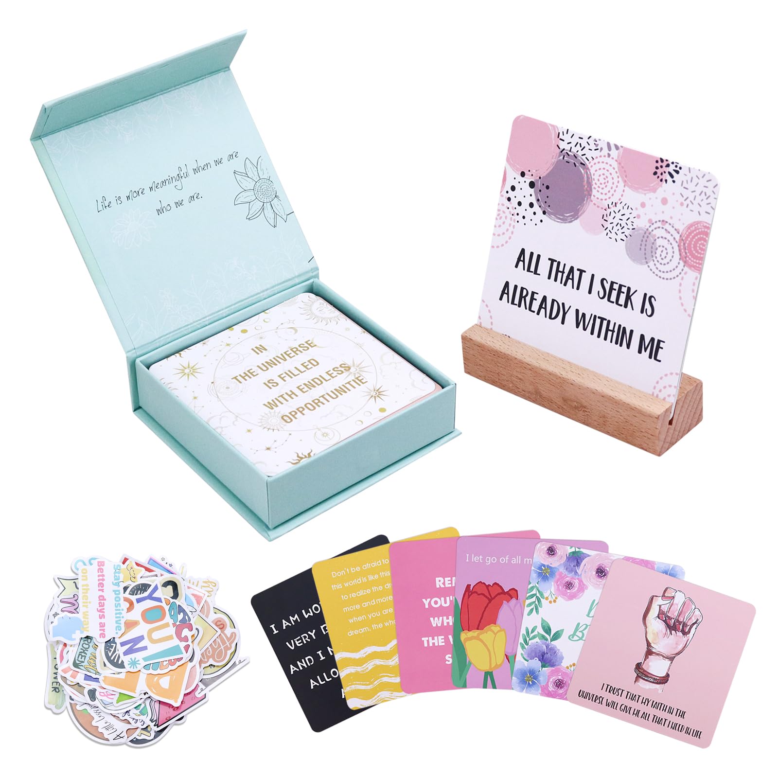Photo 1 of Ruksifg 50 Pcs Daily Positive Affirmations Cards for Women Motivational & Mindful Daily Cards with Wooden Display Stand
