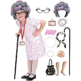 Slivomi 17pcs Old Lady Costume for Kids Girls 100 Day of School Costume Girls Kids Grandma Costume Old Women Dress Up