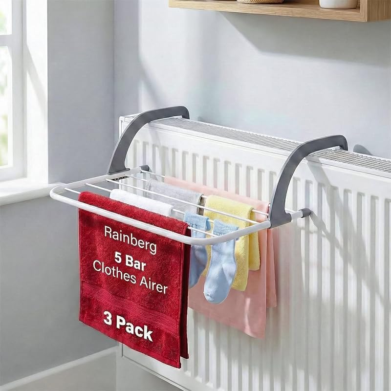 Rainberg 5 Bar Radiator Clothes Airer Rack, Foldable Adjustable Arms