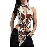 SweatyRocks Women's Y2k Halter Turtleneck Backless Tops Cut Out Tie Front Asymmetrical Party Club Top