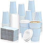 Whaline 100 Pcs Light Blue Disposable Coffee Cups with Lids and Sleeves 16 Oz Insulated To Go Paper Cups for Winter Home Restaurant Travel Wedding Birthday Baby Shower Party Supplies