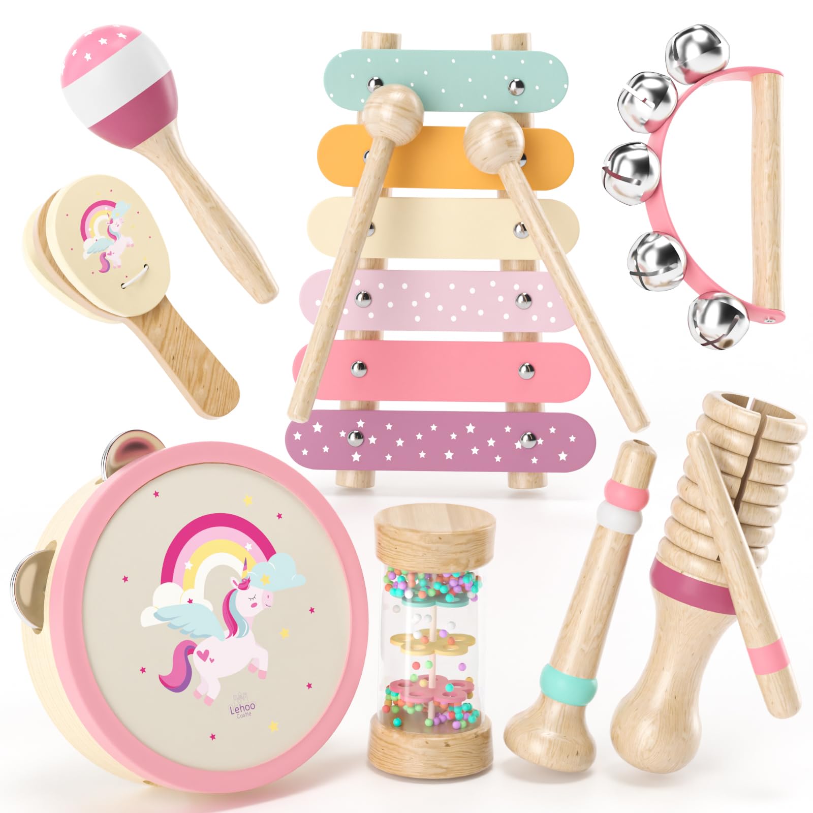 Lehoo Castle Kids Toddler Wooden Musical Instruments, Montessori Musical Toys for 1-3 Year Old Girls, Unicorn Baby Maracas Xylophone Tambourine Percussion Instruments Set 18M+